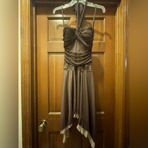 Love Tease Brown Shimmer Asymmetrical Hem Halter Dress